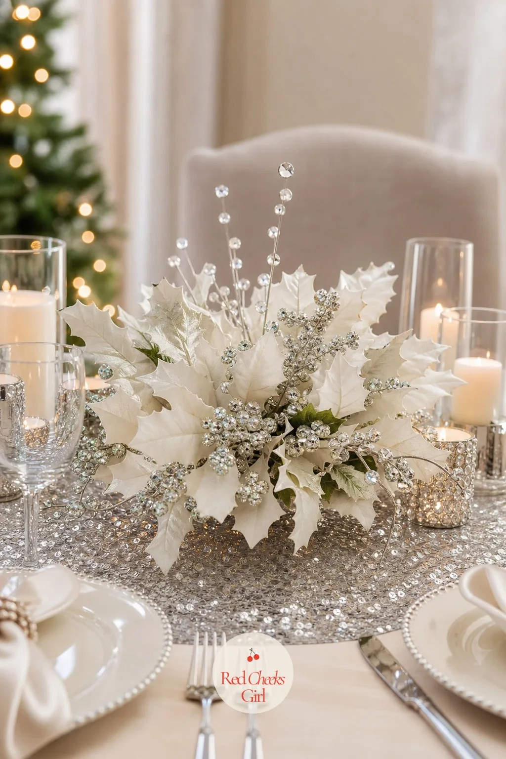 A Centerpiece of Holly and Rhinestones — A tall centerpiece blocks conversation across the table all night, which nobody wants at a party built around good