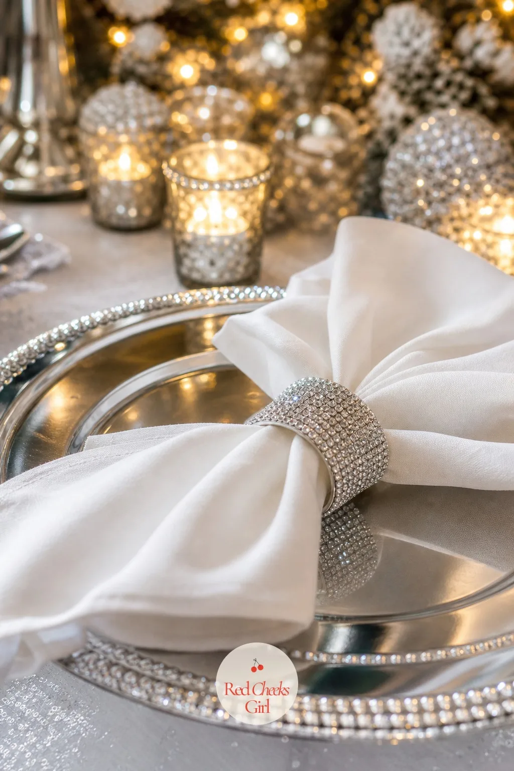 Rhinestone Napkin Rings and Chargers — The difference between a table that looks finished and one that looks almost finished usually comes down to what sits