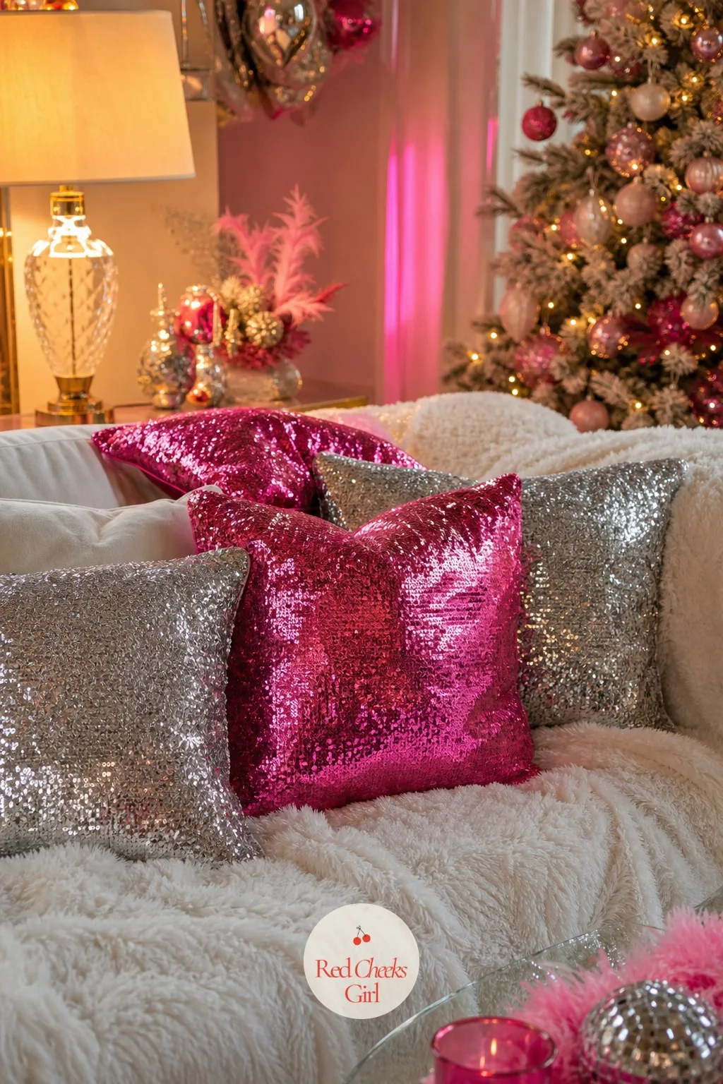 The Sofa Corner, Sequined and Soft — Guests end up here in their socks by the end of the night, so the corner has to work as hard for comfort as it does for