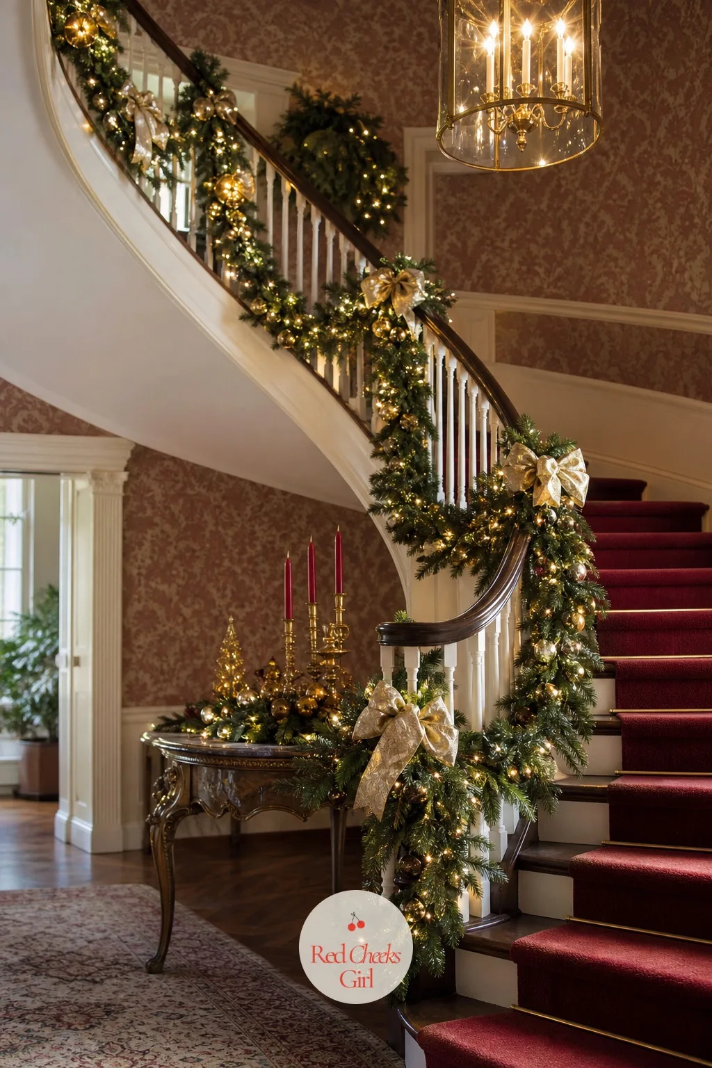 The Banister, Swagged Like The Opening Shot — A bare banister in a house like this looks unfinished the moment anyone walks in, because the staircase is the
