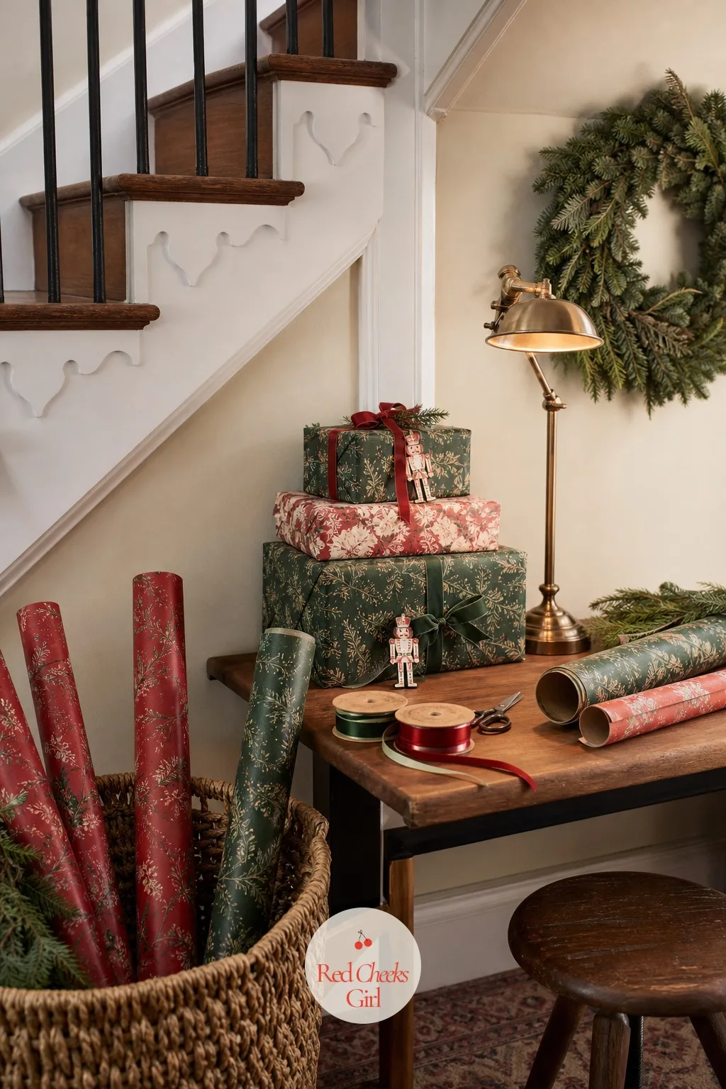 The Gift Wrapping Corner Under The Stairs — Wrapping paper always ends up in a pile on the floor somewhere, so it may as well be a pile that looks intentional.