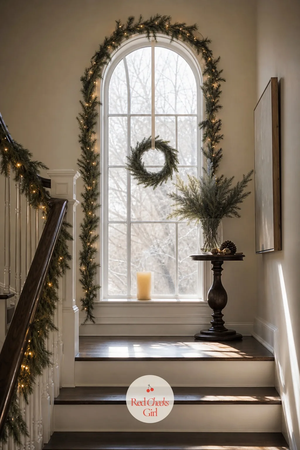 The Landing Window, Framed For The Season — Halfway up a good staircase there is usually a tall window that gets completely ignored eleven months of the year.