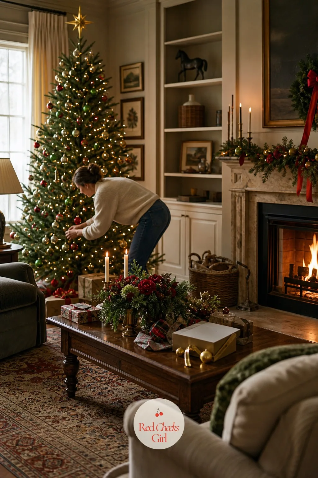 The Living Room, Lit Like The Whole Family Just Walked In — This is the room that makes the whole house feel lived in and loved, fire going, tree glowing in