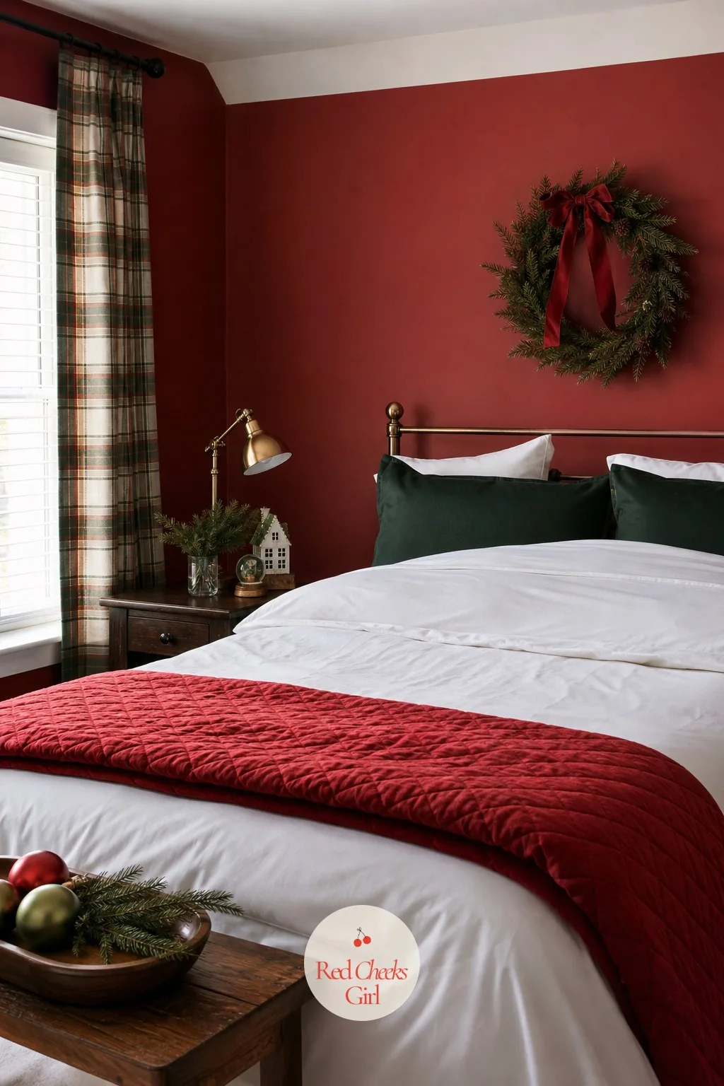 The Primary Bedroom, Done In That Same Red — The upstairs of that old brick house famously went all in, right down to a red duvet, red dust ruffle, red sheets