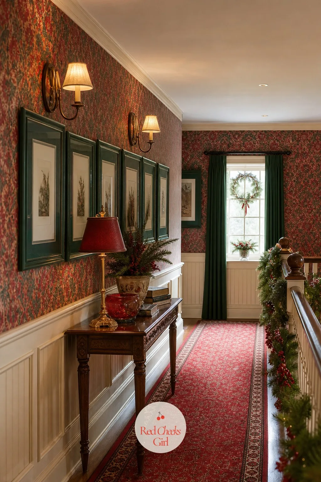 The Upstairs Hallway, Papered And Matted To Match — The hallway in that same house carried red and green wallpaper, red carpet and the green matting around the