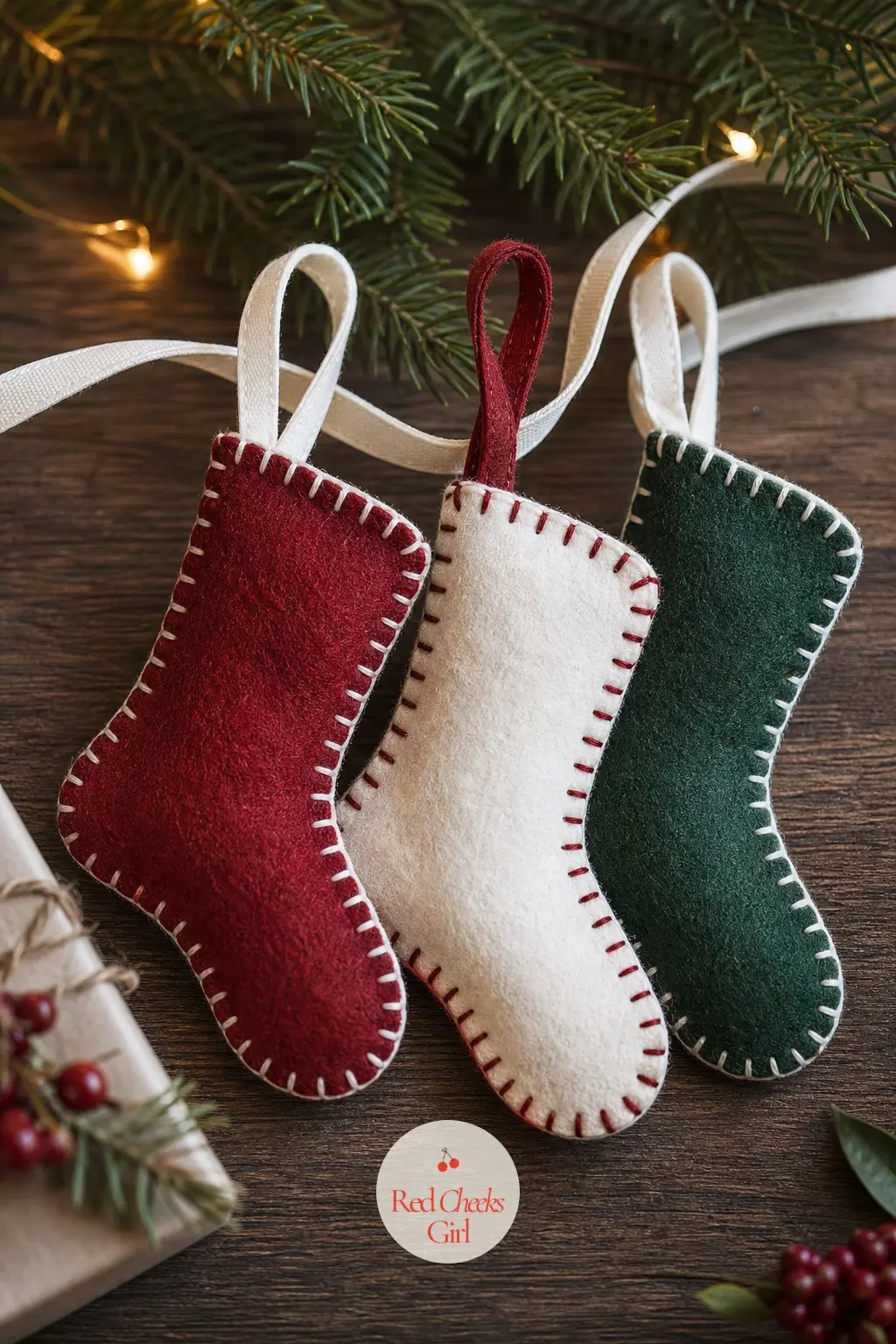 Felt Stocking Ornament Trio — She wants something for the actual tree, not another photo frame destined for a drawer. Homemade christmas gift ideas