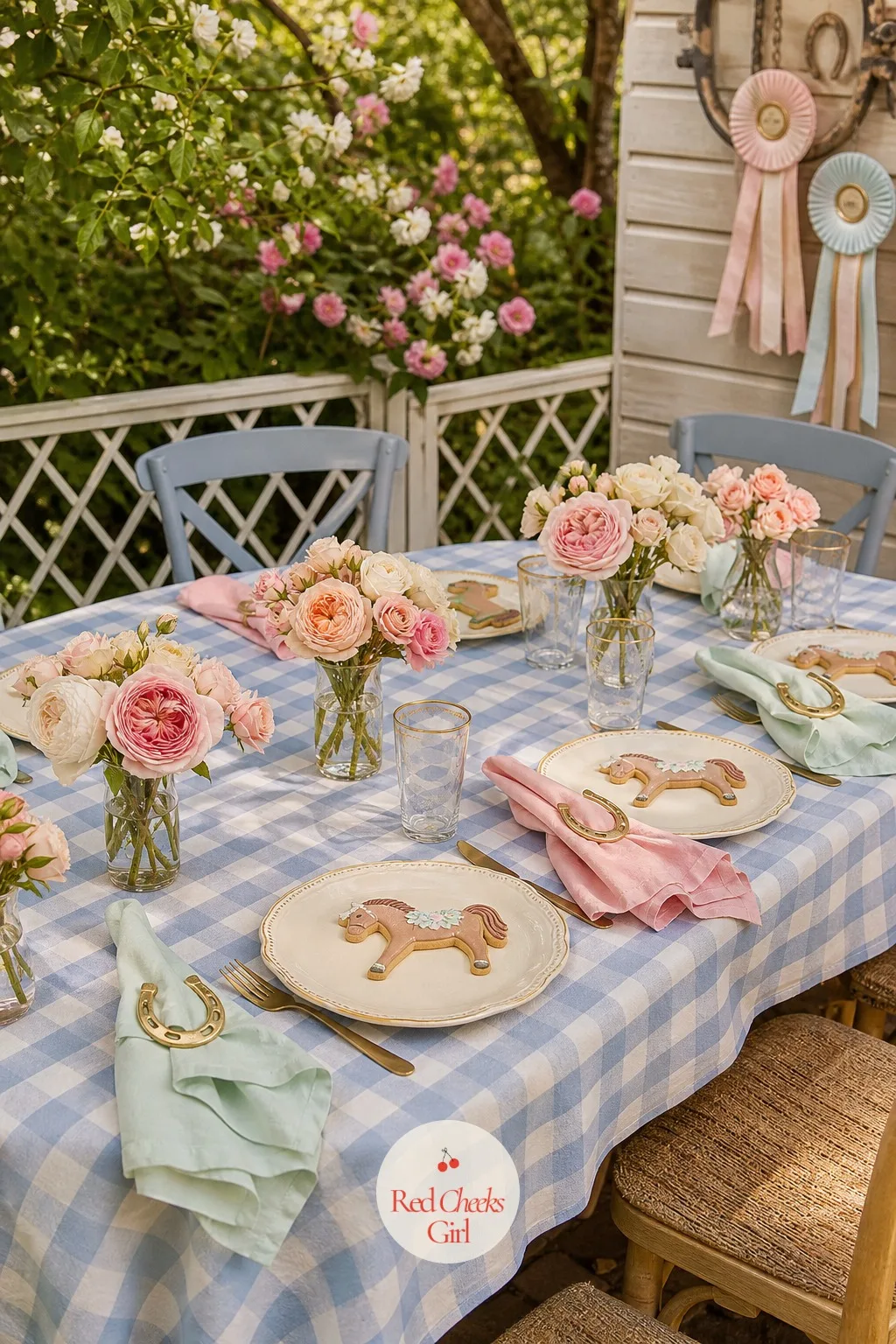 The Gingham Picnic Table — The food table carries the whole party if nothing else does. Horse theme birthday party