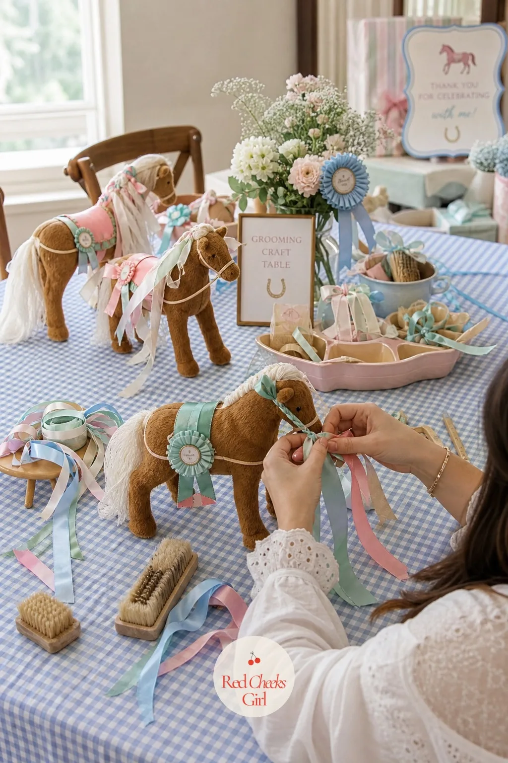 The Grooming Craft Table — Give them something to do with their hands and the whole party settles by ten minutes in. Horse theme birthday party