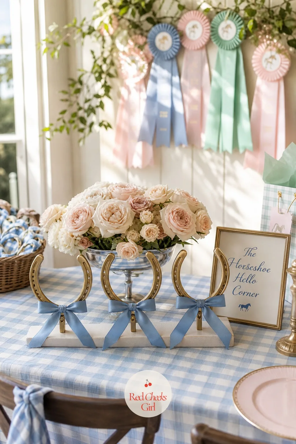 The Horseshoe Hello Corner — A console table just inside the door does more work than any banner. Horse theme birthday party