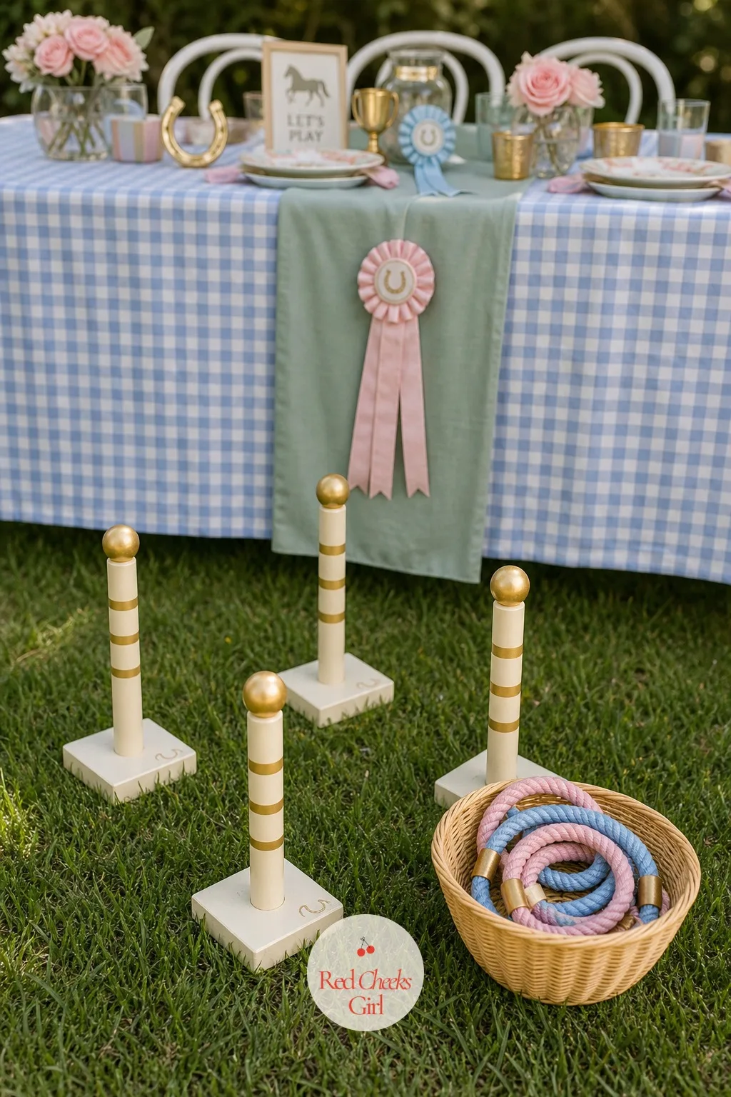 The Horseshoe Ring Toss — Three wooden posts, painted cream and gold, stand in a row on the lawn, spaced a few feet apart. Horse theme birthday party