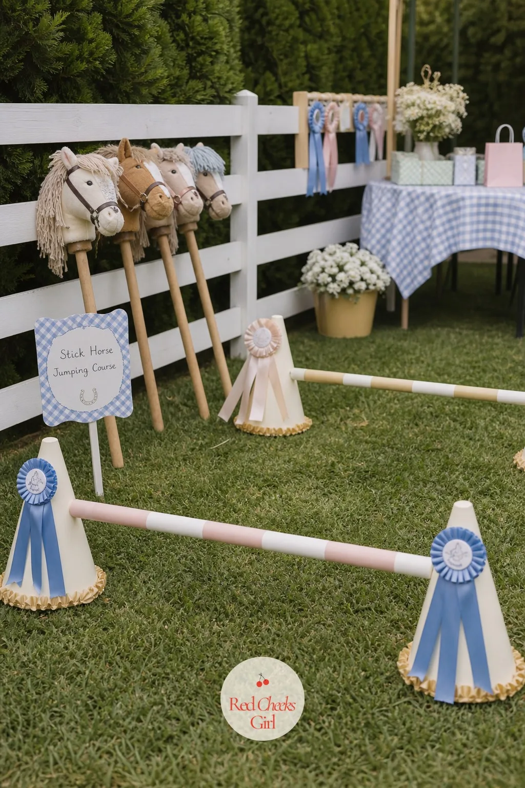 The Stick Horse Jumping Course — This is the one that actually gets them moving, so put it outside if there is any grass at all. Horse theme birthday party