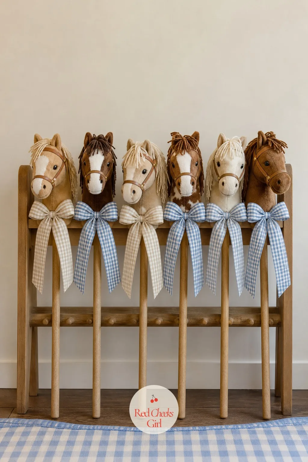 Take-Home Stick Horse Row — A simple dowel rack or ribbon loop hung near the door holds a handful of stick horses, each tied with a loop of gingham ribbon