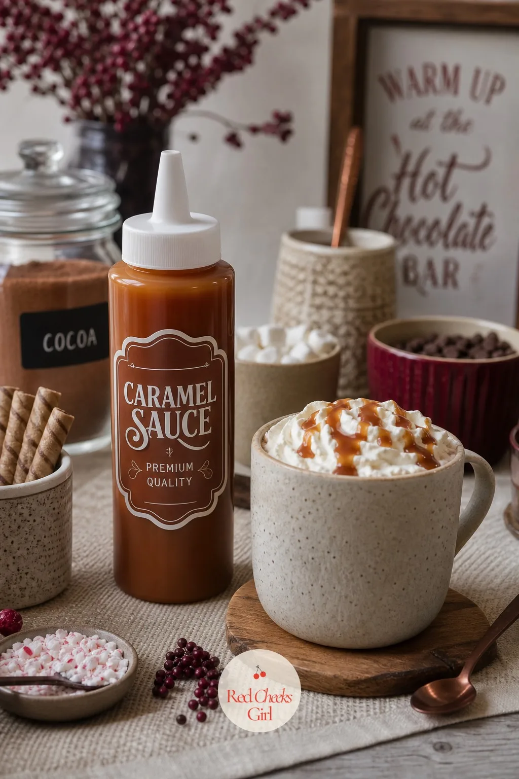 Caramel Sauce Squeeze Bottle — Poured from a spoon, caramel lands in a sad puddle on top of the whipped cream instead of a clean line. Hot chocolate bar ideas
