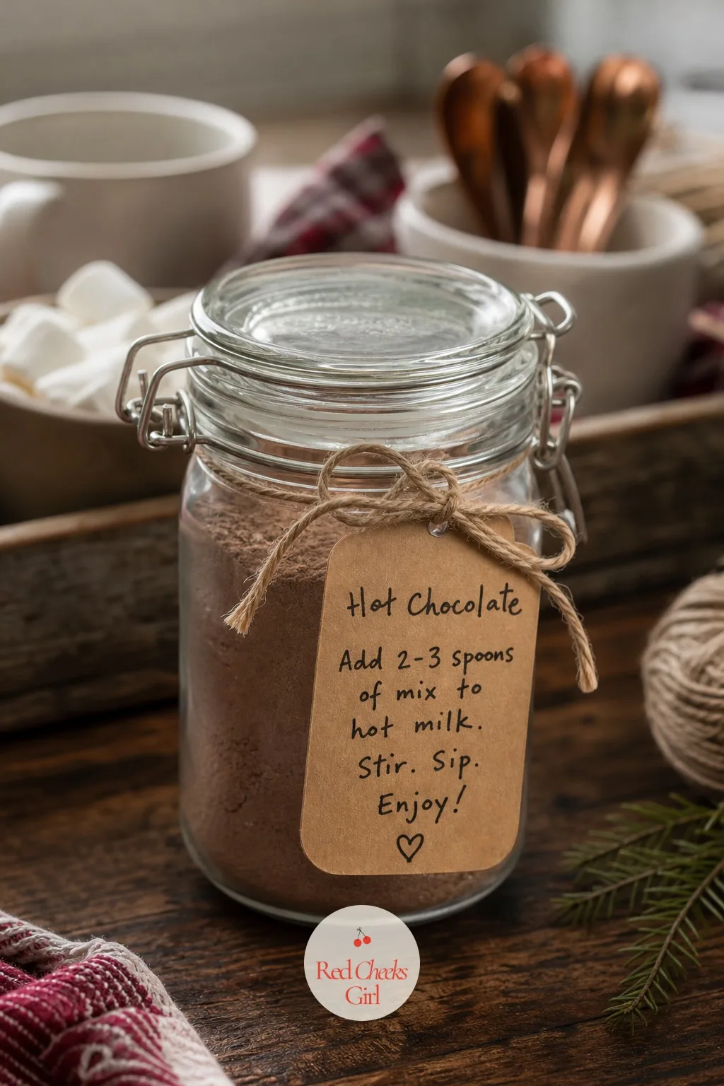 Kraft Gift Tags for the Jars — A jar without a tag just looks like something left behind by accident, not a gift meant for her to take. Hot chocolate bar ideas