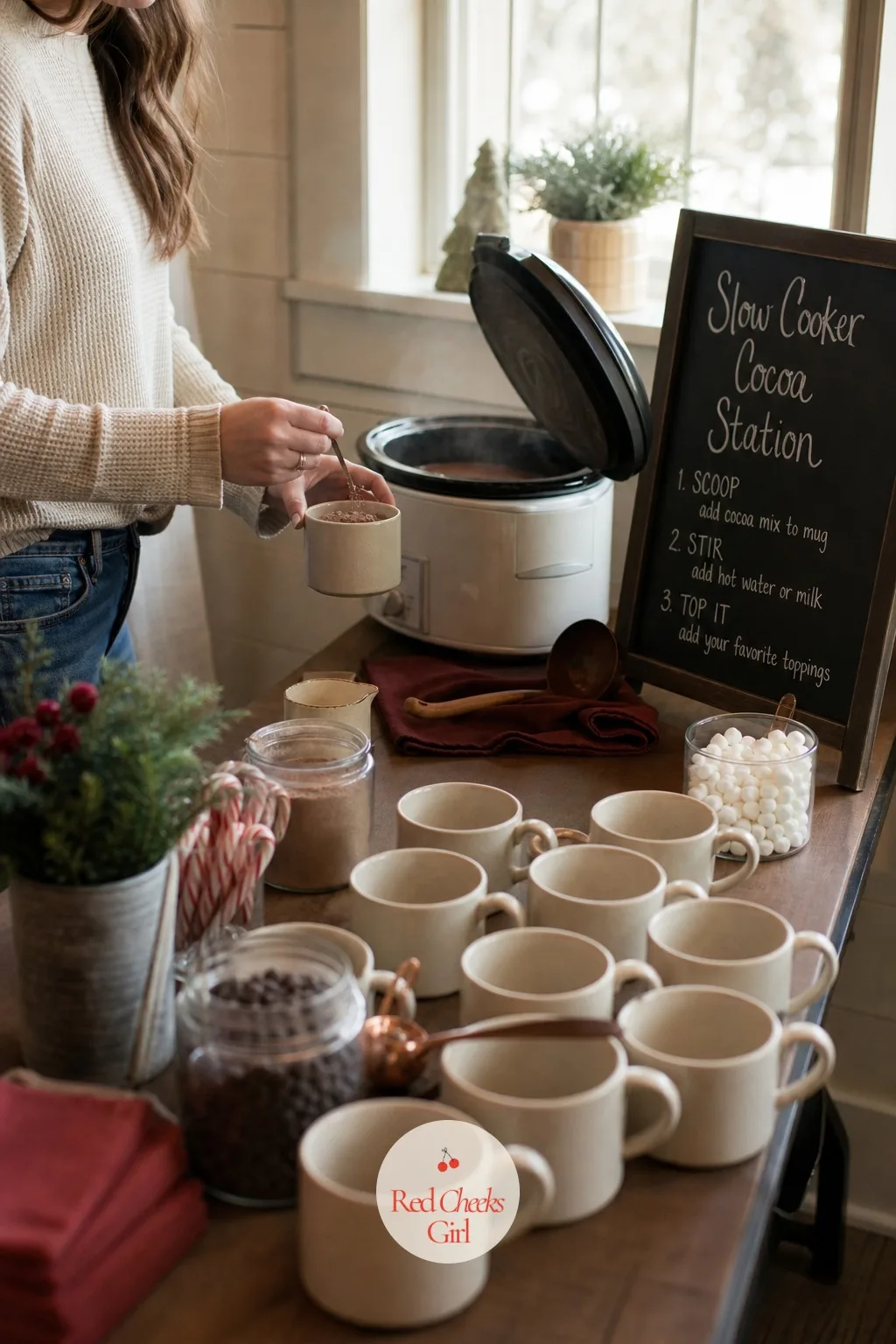 Slow Cooker Cocoa Station with Ladle and Mug Rows — Nobody wants to stand by the stove reheating a fresh batch every twenty minutes while half the room waits