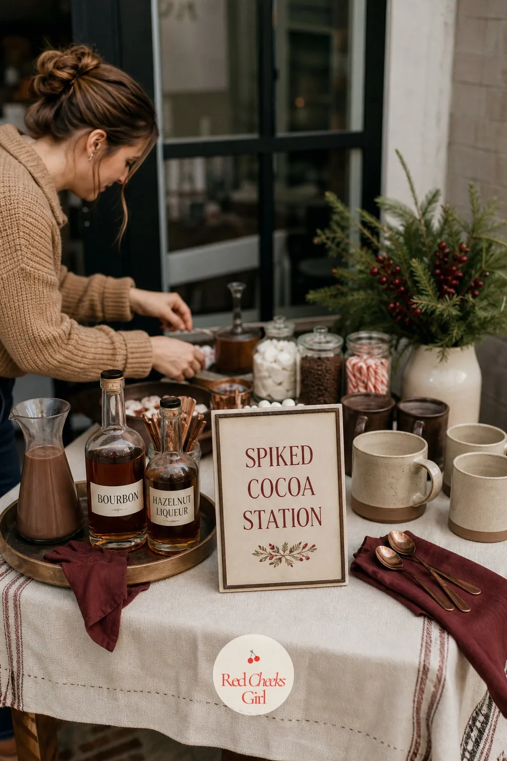 Spiked Cocoa Station with Its Own Sign — Not everyone wants whiskey in her cup, and nobody should have to sip first to find out which pot is which. Hot