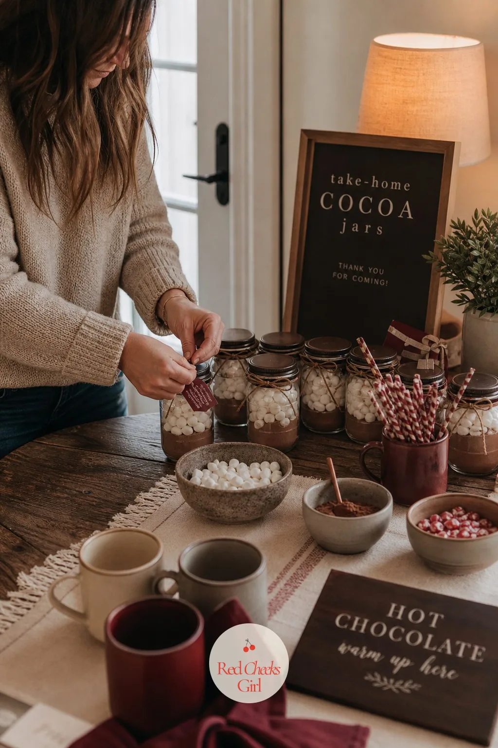 Take-Home Cocoa Jars Favor Station — A cocoa bar is gone the moment the last guest leaves, unless something from it goes home with her. Hot chocolate bar ideas
