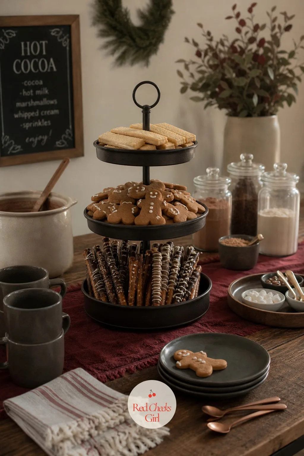 Tiered Cookie Tray — A cookie flat on a plate for an hour goes soft and sad long before anyone finishes their cup. Hot chocolate bar ideas