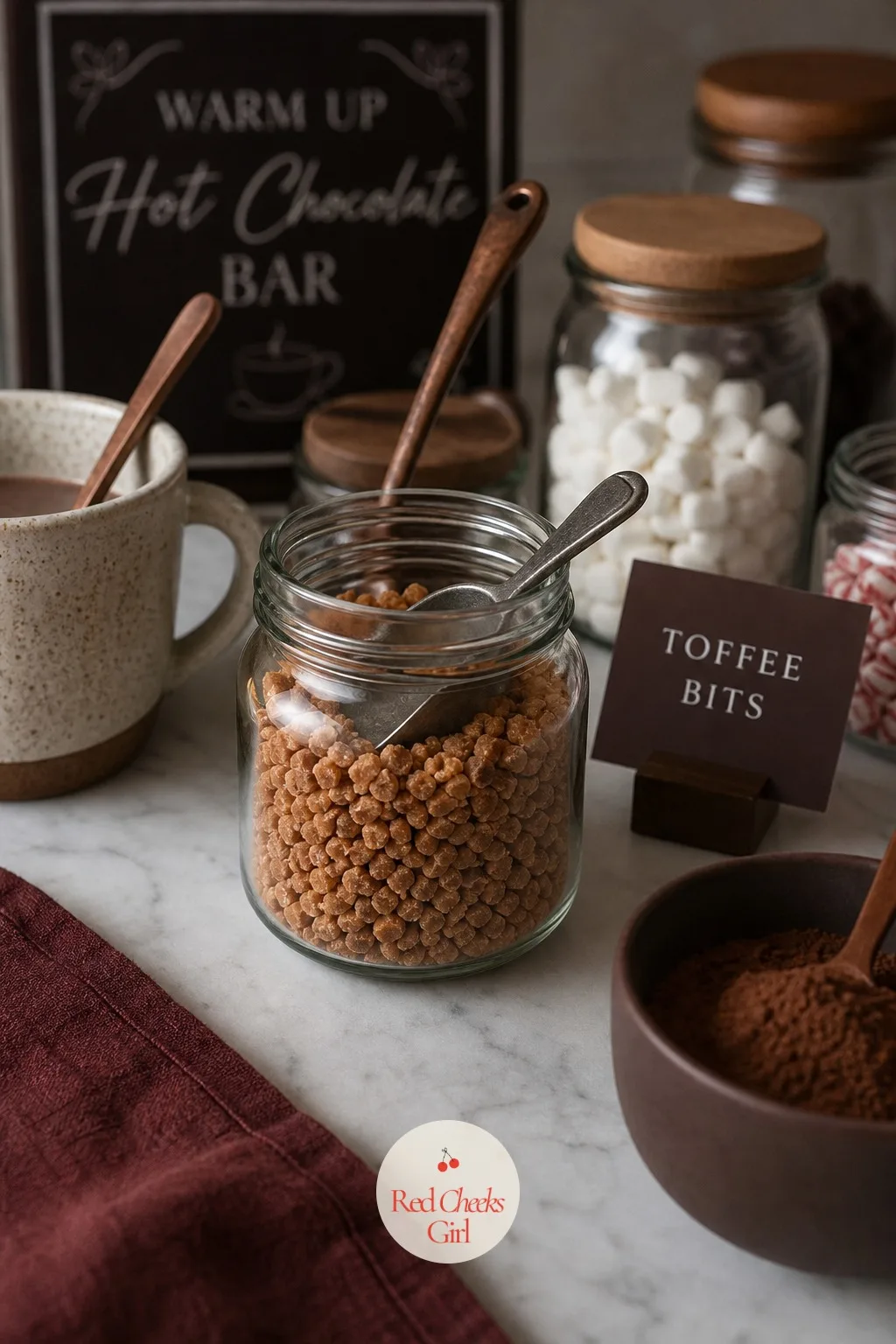 Toffee Bits Jar — Somewhere between sweet and salty, toffee bits give the cup a crunch that does not dissolve the way sugar does. Hot chocolate bar ideas