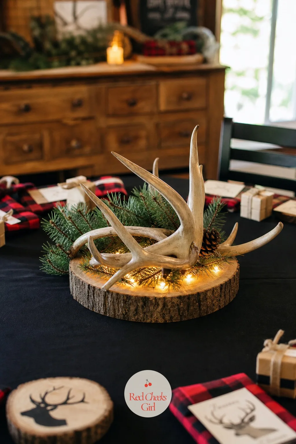 Antler Centerpiece — This is the piece that makes the theme unmistakable from across the room, and the one place a tasteful fake antler earns its keep. Hunting