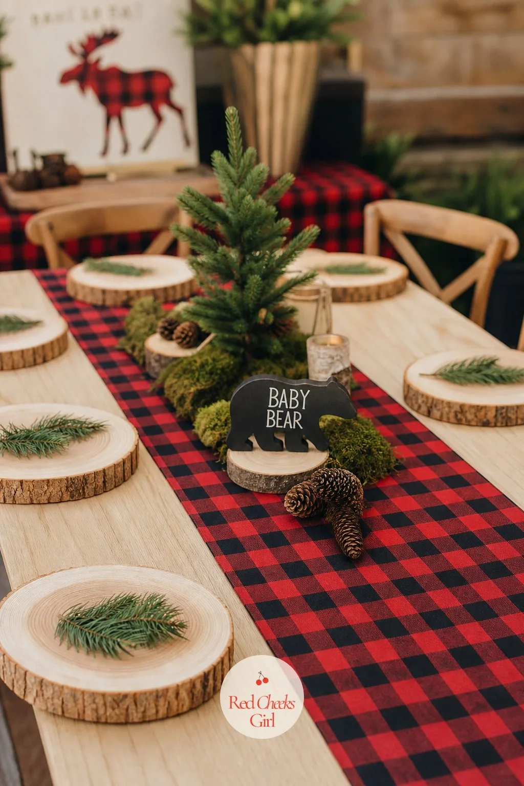Buffalo-Check Table Runner — A bare tablecloth looks like any other shower. Hunting theme baby shower ideas