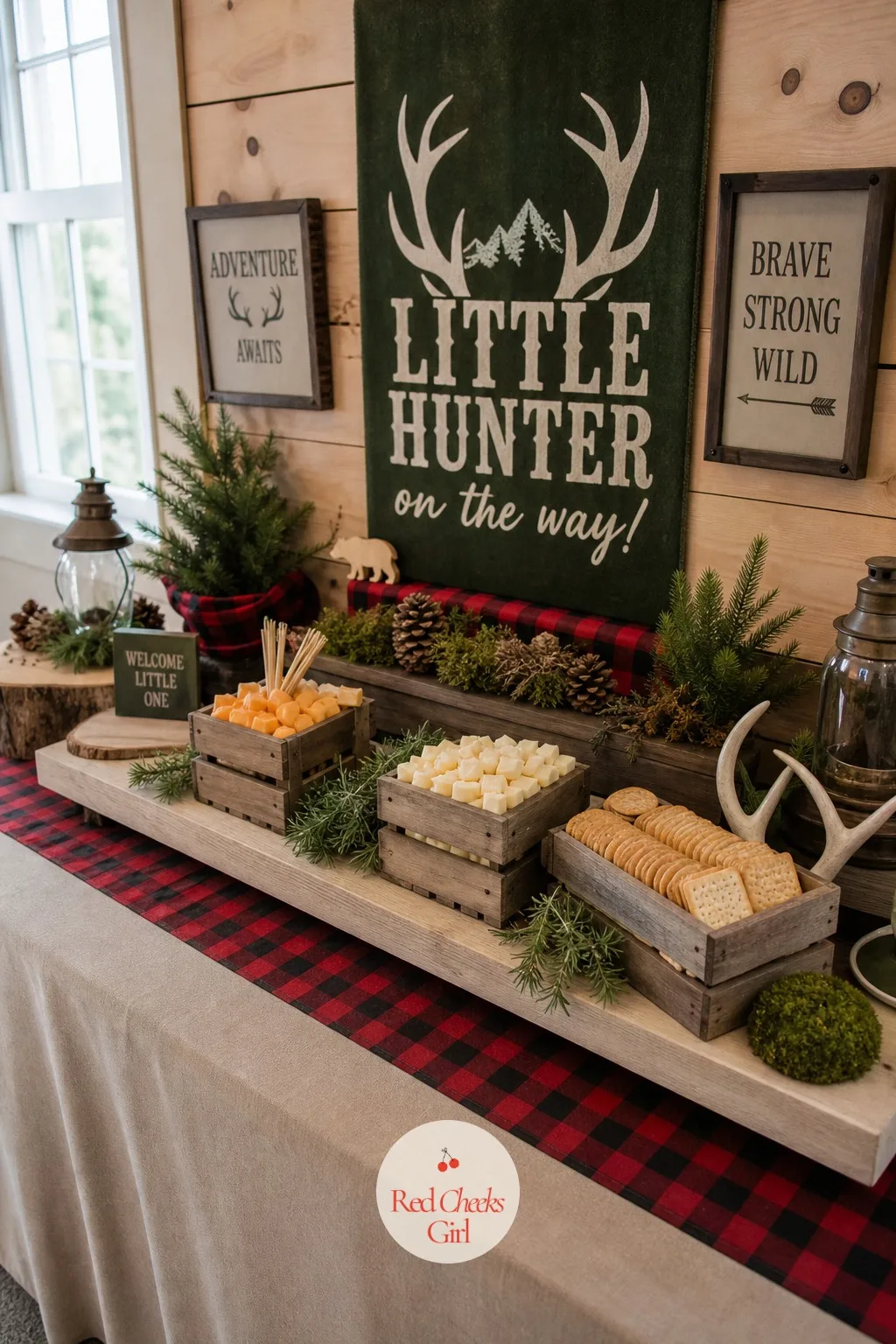 Cabin-Style Snack Table — Guests graze more than they sit down to eat at most showers, so this table does the real feeding while the cake does the photographs.