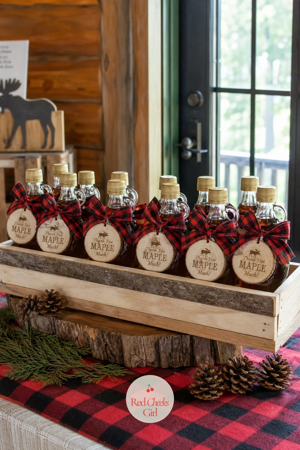 Mini Maple Syrup Favor Bottles — A candle favor gets left on the table half the time. Hunting theme baby shower ideas