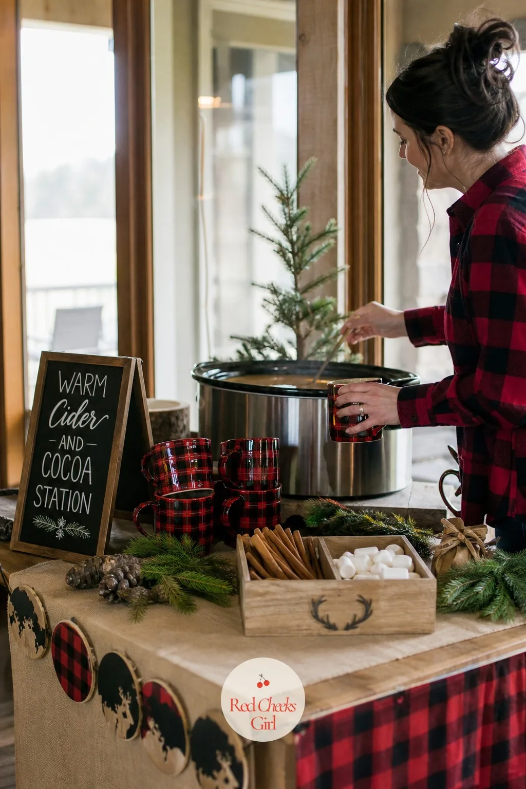 Warm Cider And Cocoa Station — A cold punch bowl feels wrong against plaid and pine. Hunting theme baby shower ideas