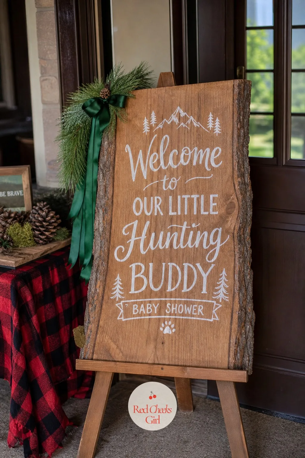 Welcome Board In Rough-Cut Wood — She will clock the tone of the party in about two seconds, right at the door. Hunting theme baby shower ideas