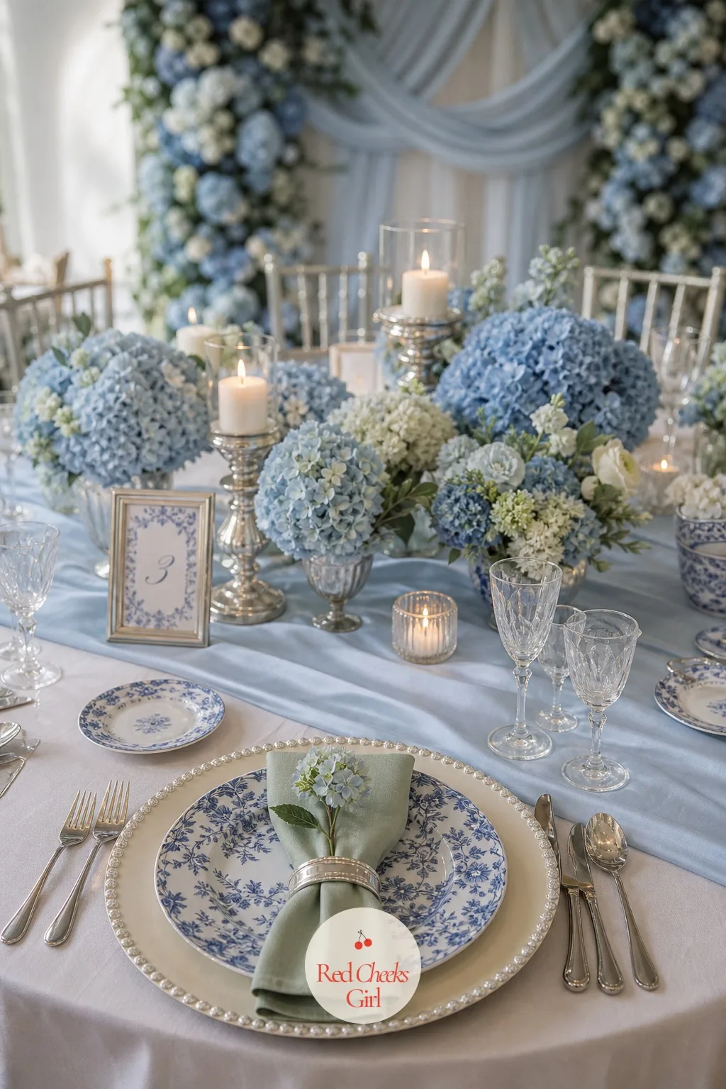 Blue and White China at Each Place Setting — A white plate on a white cloth disappears, and this theme never wants anything to disappear. Hydrangea wedding