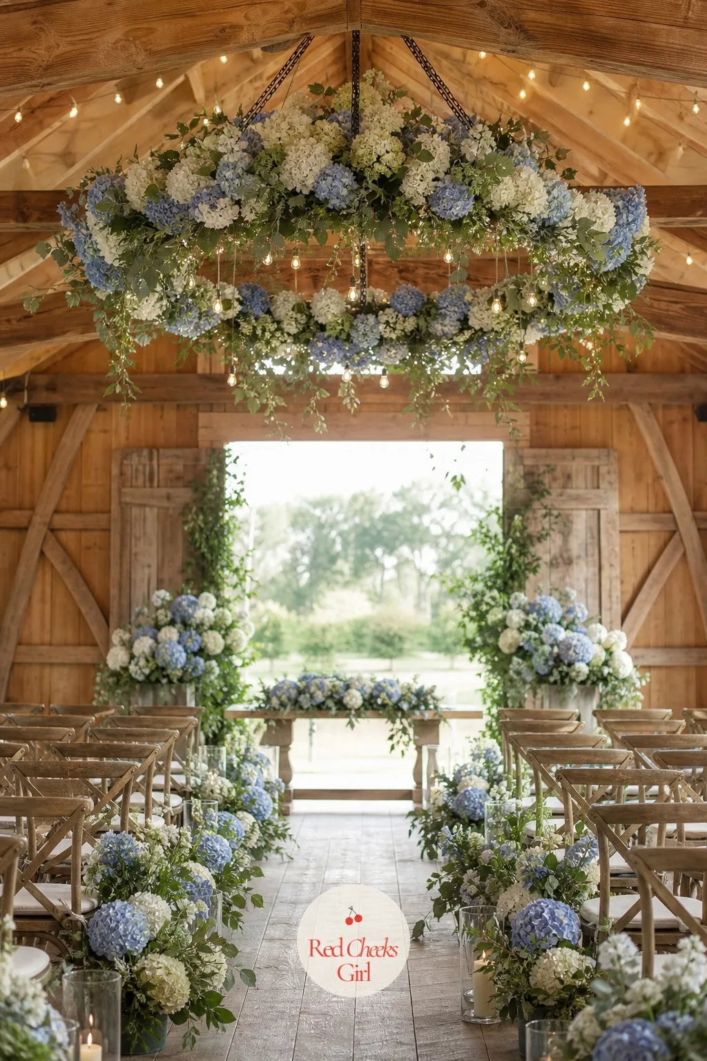 A Hanging Hydrangea Cloud Over the Altar — Some ceremony spaces have height to spare above the altar and nothing filling it, which leaves the whole setup
