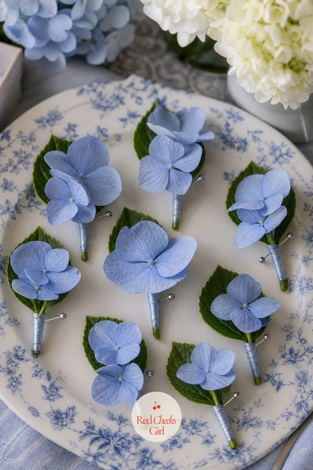 Hydrangea Boutonnieres for the Groom and Groomsmen — A lapel flower this small still needs to hold its shape through a whole day of handshakes and hugging