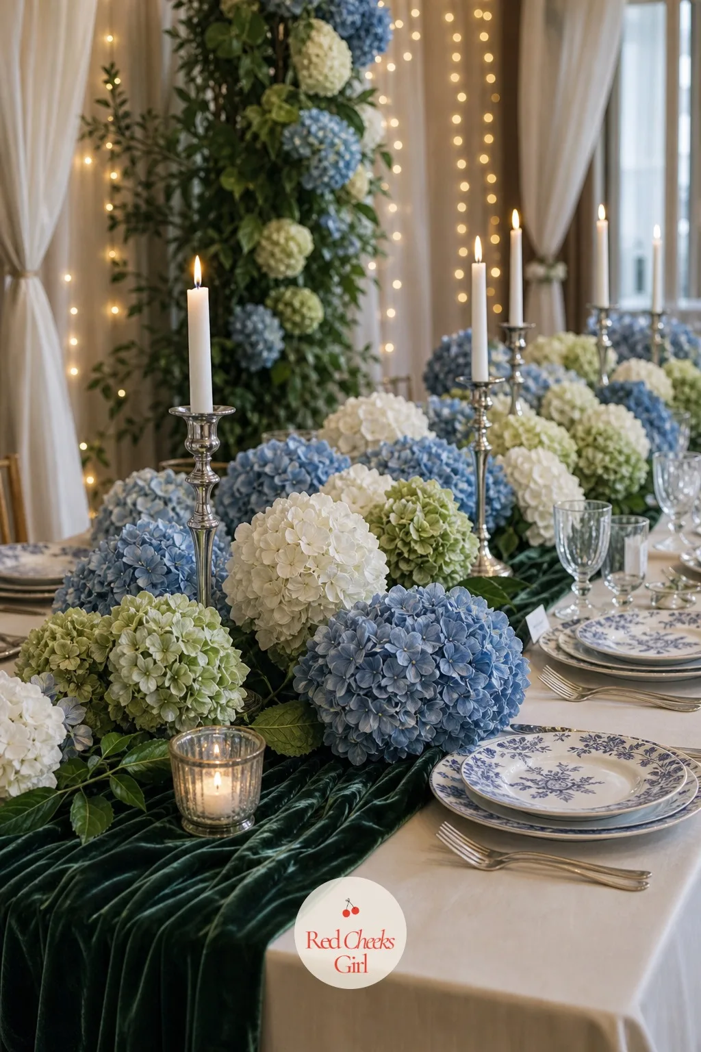 A Hydrangea and Candle Runner Down the Head Table — The head table carries the whole room's attention for the length of the meal, so it deserves a longer