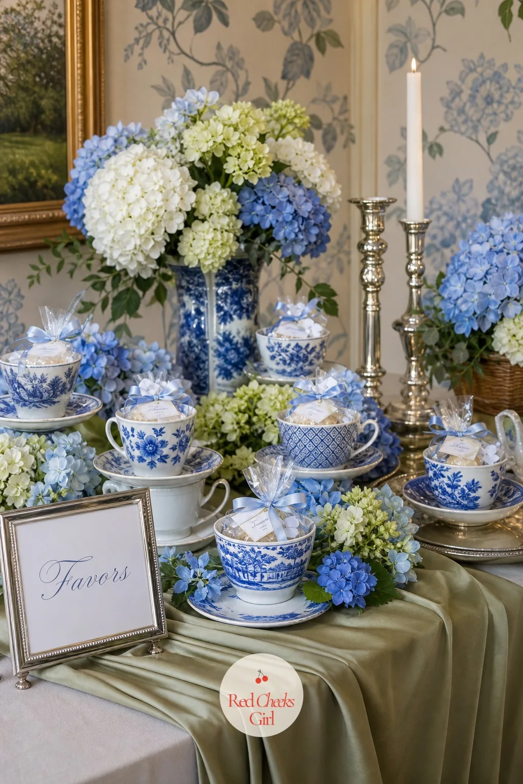 A Hydrangea Favor Table Set with China Teacups — A favour table laid out like an afterthought undercuts everything that came before it. Hydrangea wedding