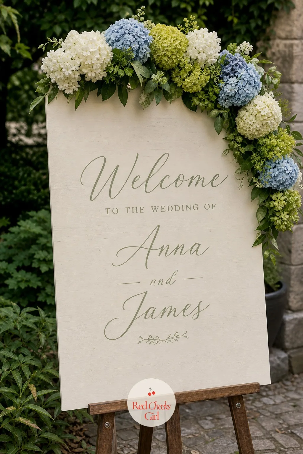 Hydrangea Garland Along the Welcome Sign — The welcome sign is the first thing a guest sees on arrival, before they even reach their seat, so it sets the whole