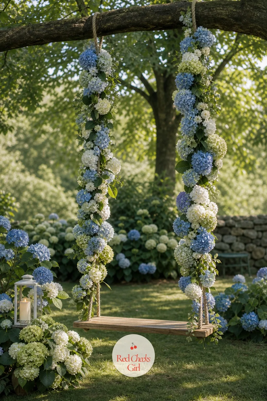 A Hydrangea Hoop Swing for Portraits — Formal portraits against a plain backdrop can feel stiff, and a swing gives the couple somewhere to sit that does not