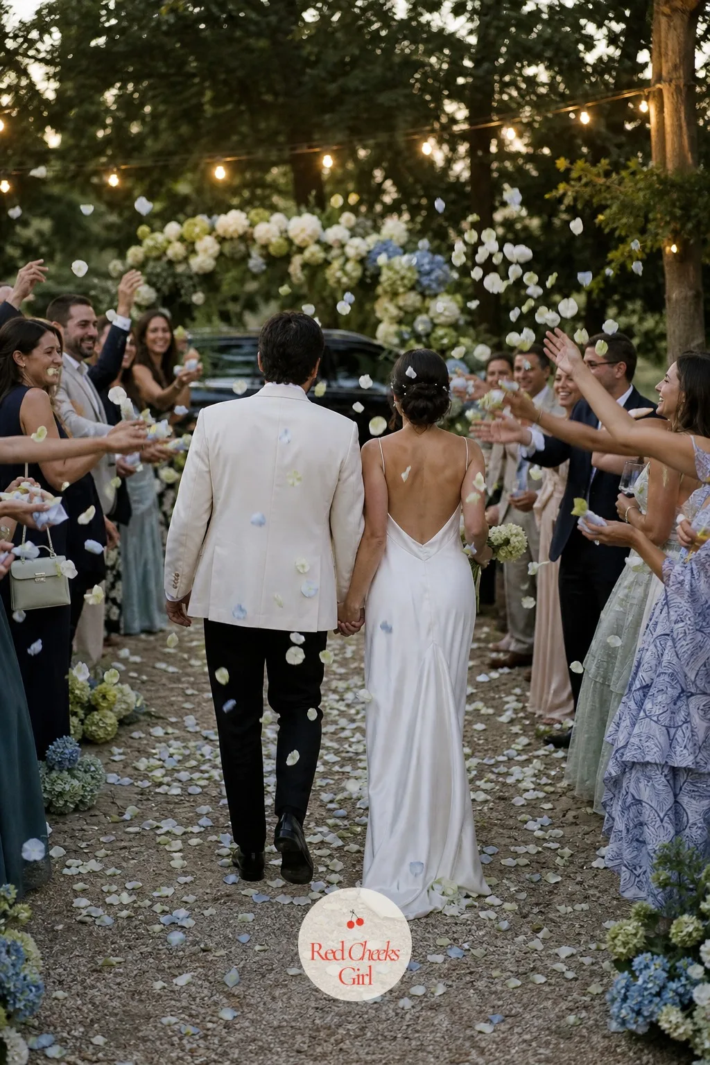 Hydrangea Petal Toss for the Send-Off — Confetti cannons feel wrong for this kind of soft, garden leaning wedding, and dyed paper petals never quite match the