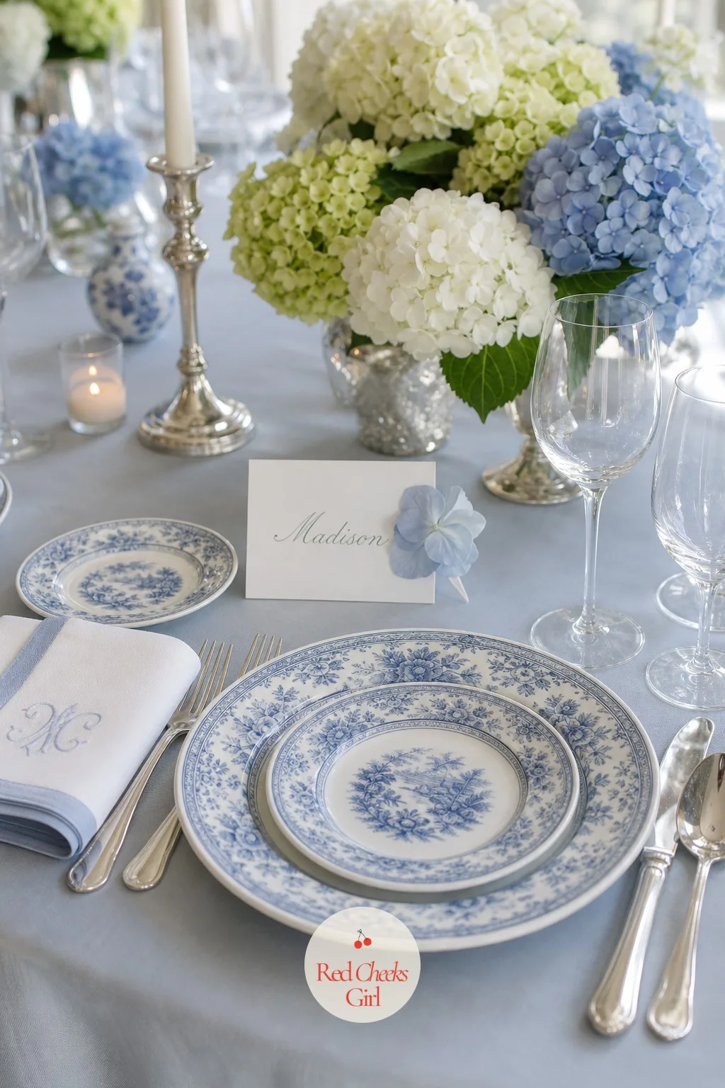 Hydrangea Place Card Clusters at Each Seat — Guests hunting for their name across a sea of identical plates always slows the room down. Hydrangea wedding