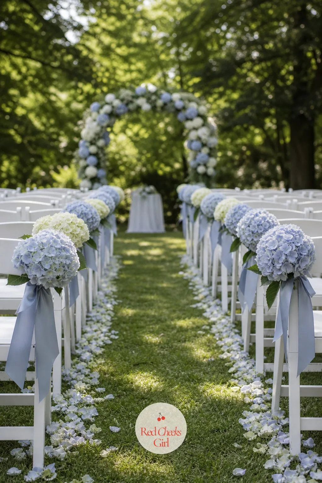Hydrangea and Ribbon Aisle Markers on Every Row — Not every row needs a pedestal, but an empty chair back looks unfinished once the big arrangements are in