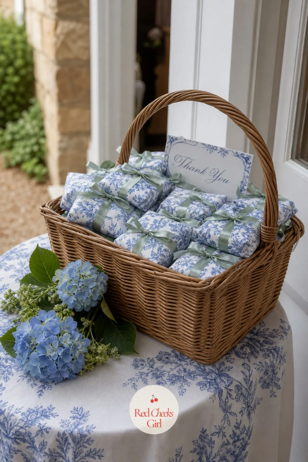 Hydrangea Soap Favors Wrapped in China-Blue Paper — Guests who will not have room for a plant on the flight home still deserve something to take, and a small