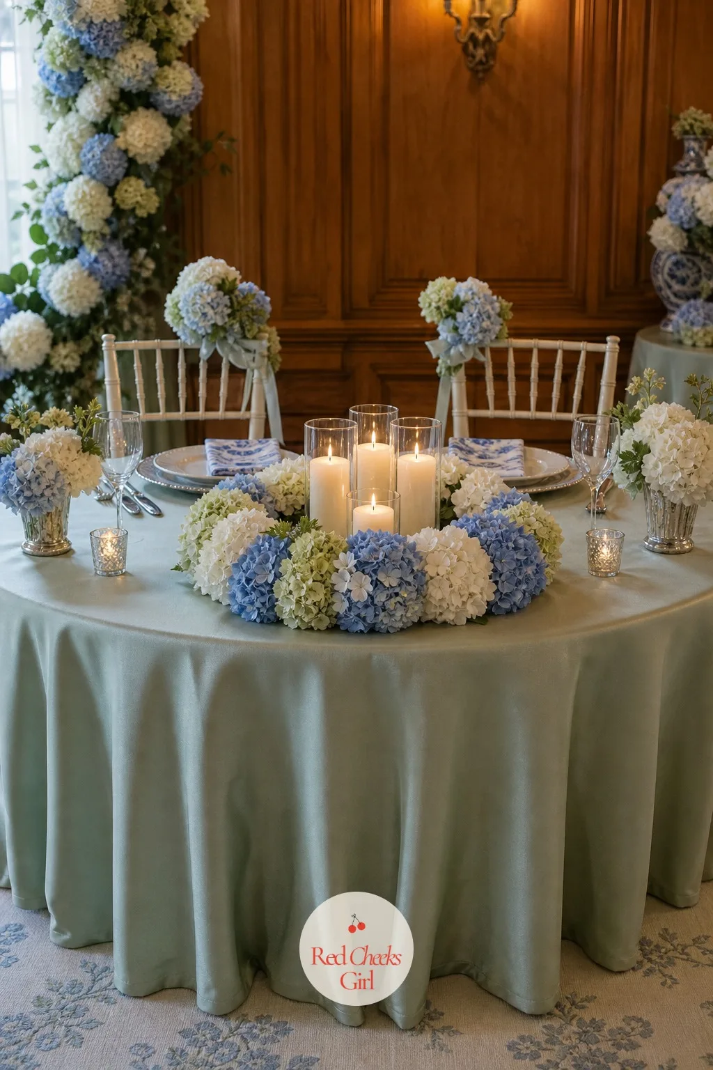A Hydrangea Wreath Centerpiece for the Sweetheart Table — The couple's own table should look like it belongs to this wedding and to no one else's, set apart