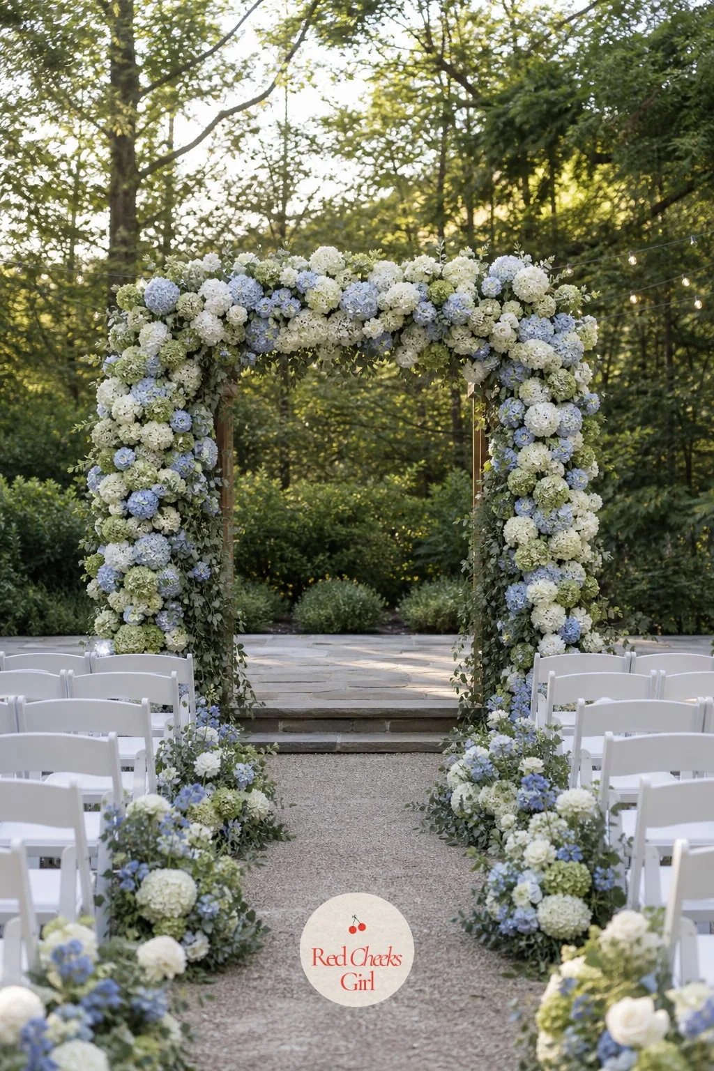 Hydrangea-Covered Ceremony Arch — Say the word arch and some grooms picture a sad wire frame with a few stems wired on wherever they will reach. Hydrangea