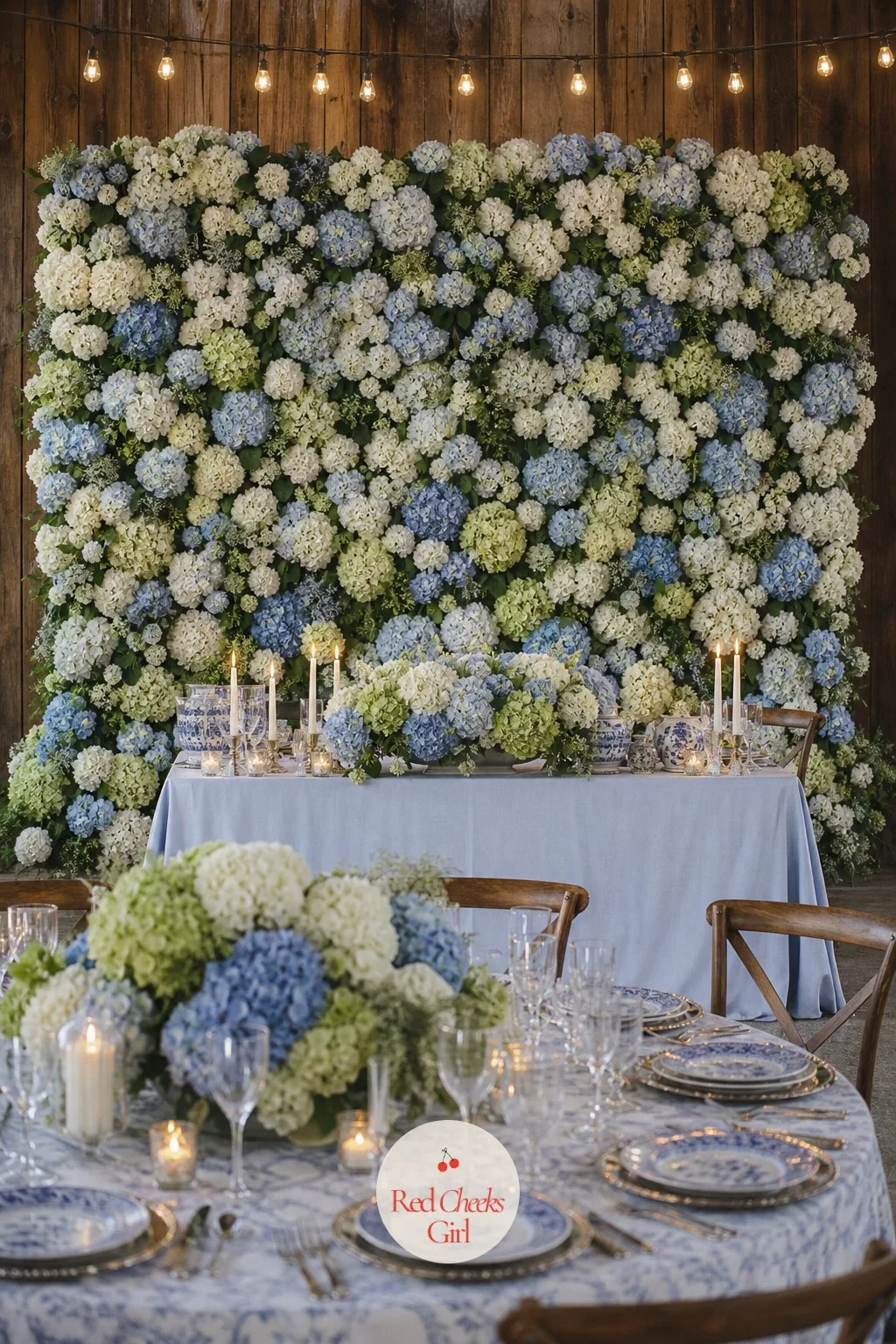 Hydrangea-Filled Flower Wall for Photos — Guests will take more photos in front of one good wall than anywhere else at the wedding, so it is worth making sure
