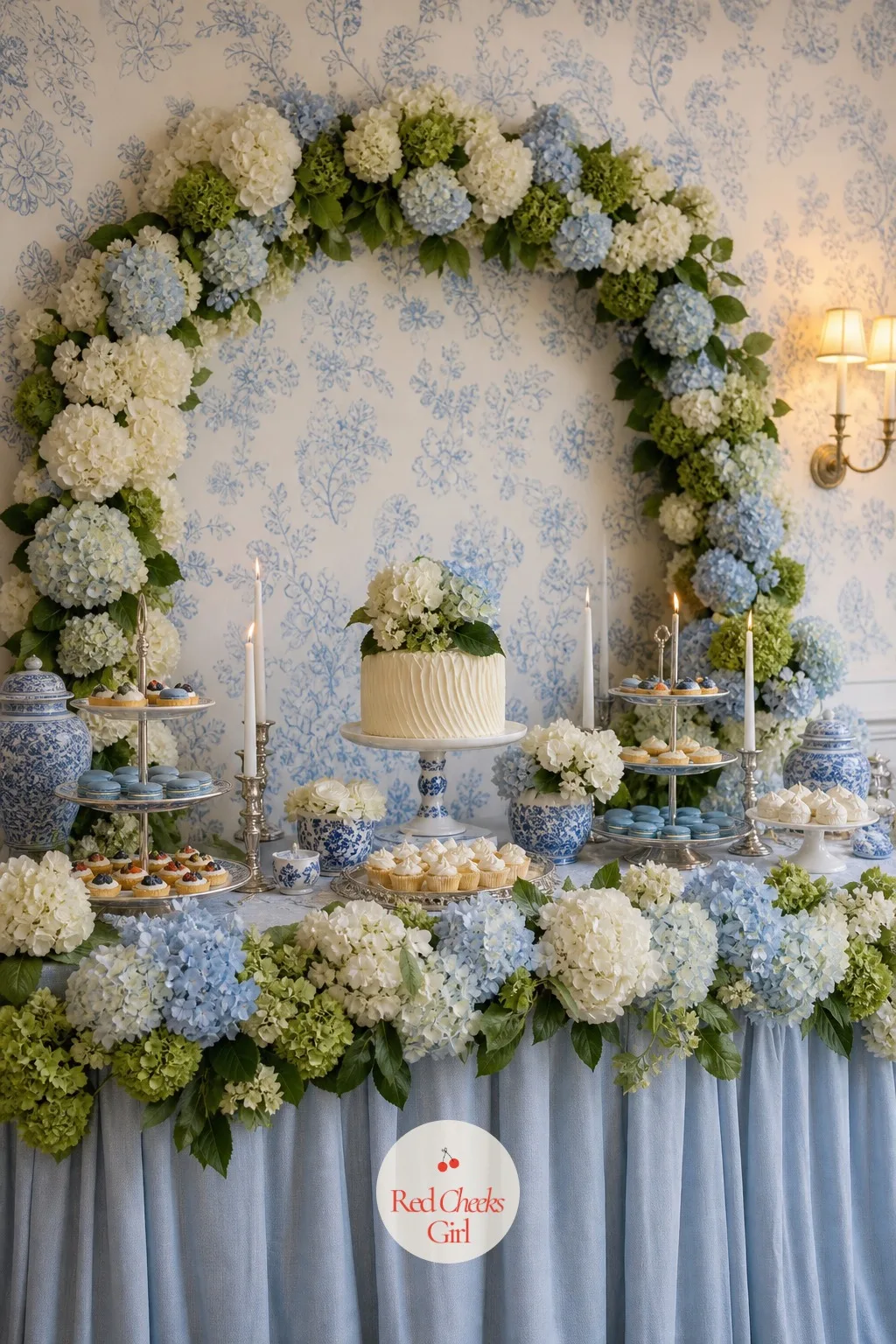 A Hydrangea-Topped Dessert Table Backdrop — The dessert table sits beside the cake but should not fight it for attention, so the flower here stays low and