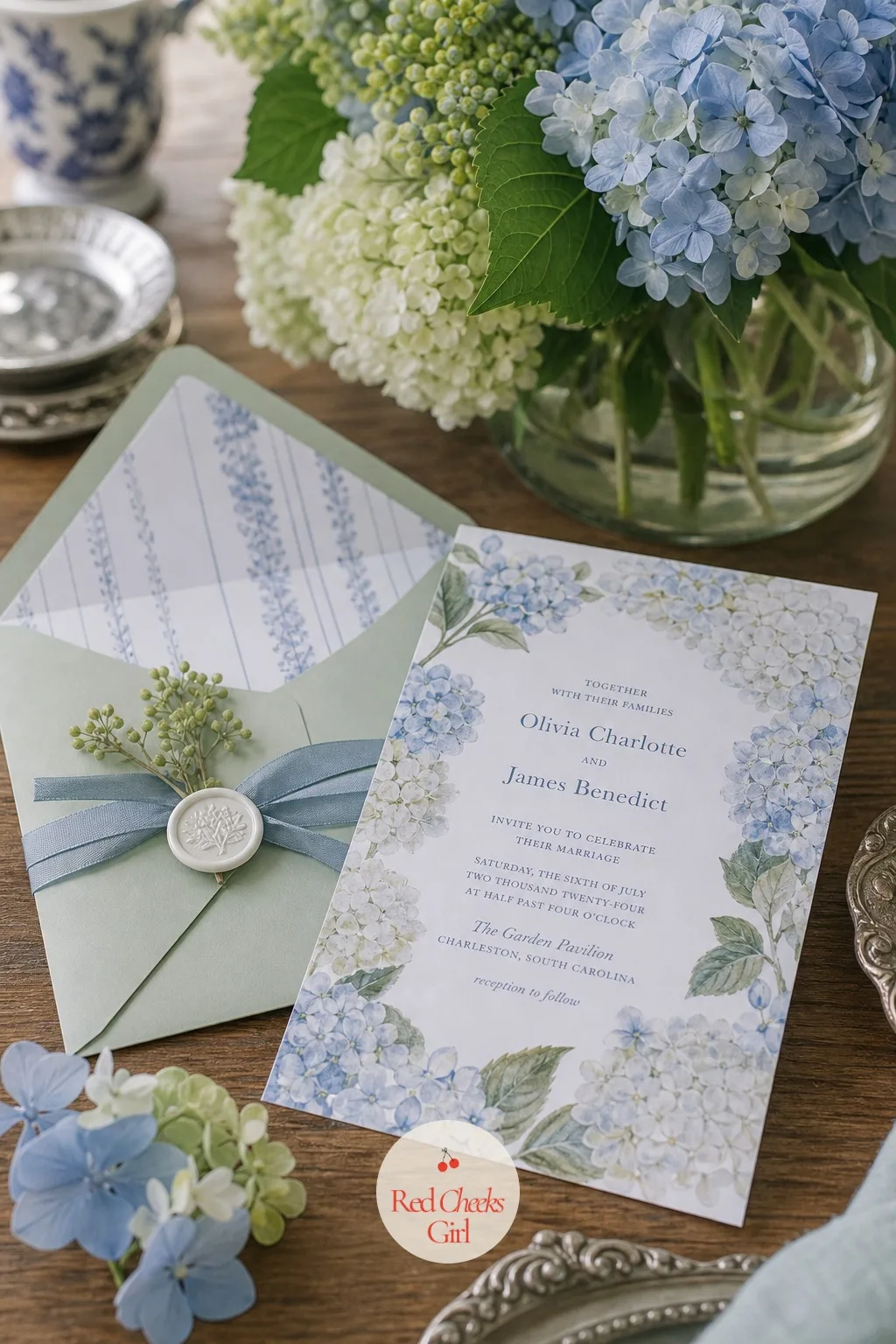 The Invitation Suite in Hydrangea Blue and Green — The invitation arrives weeks before any of this is built, so it is the very first promise of what the day