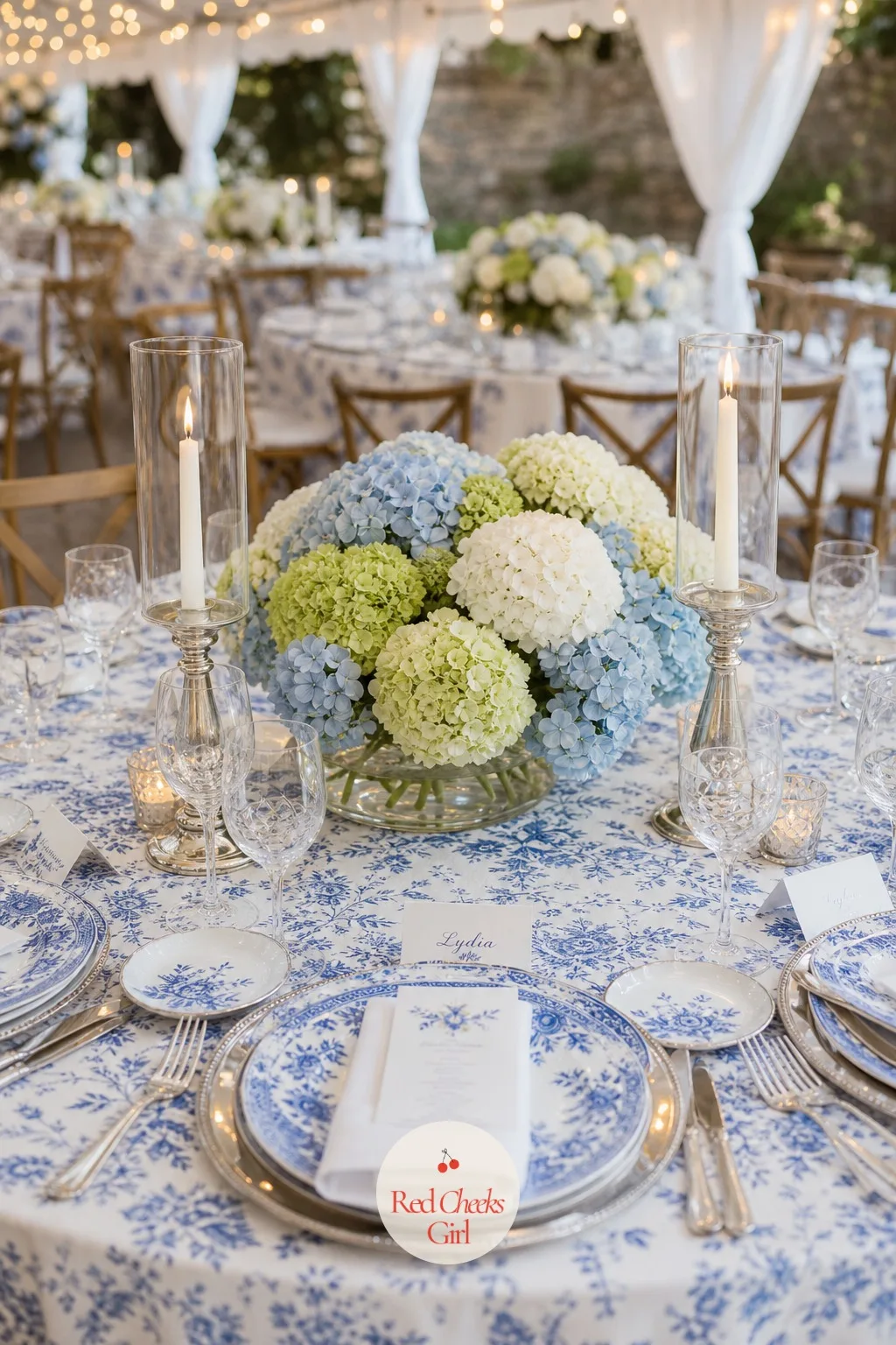 Loose Hydrangea Heads in Low Bowls on Every Table — A tall centerpiece looks wonderful in photos and terrible in conversation, since nobody can see the person