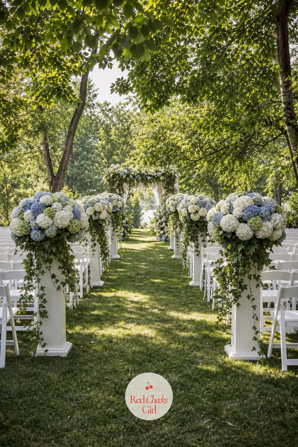 Sculptural Hydrangea Towers Along the Aisle — Between the arch and the first row, a bare aisle feels like a long walk with nothing to look at. Hydrangea wedding