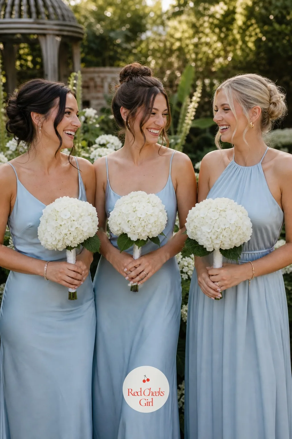 Single Hydrangea Heads for the Bridesmaids — Matching bouquets down a row of bridesmaids can start to look like a flower shop display rather than a wedding