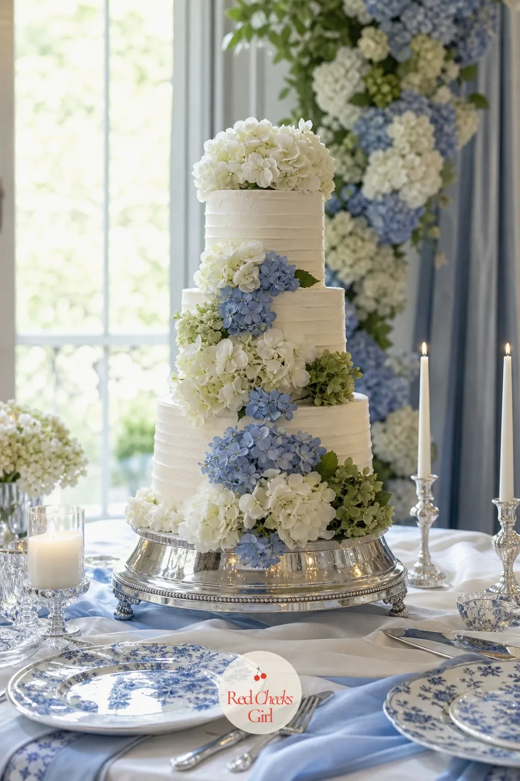 White Cake Wrapped in Fresh Hydrangea — A plain white tiered cake can look slightly bare standing alone on its own table, even when the icing work is