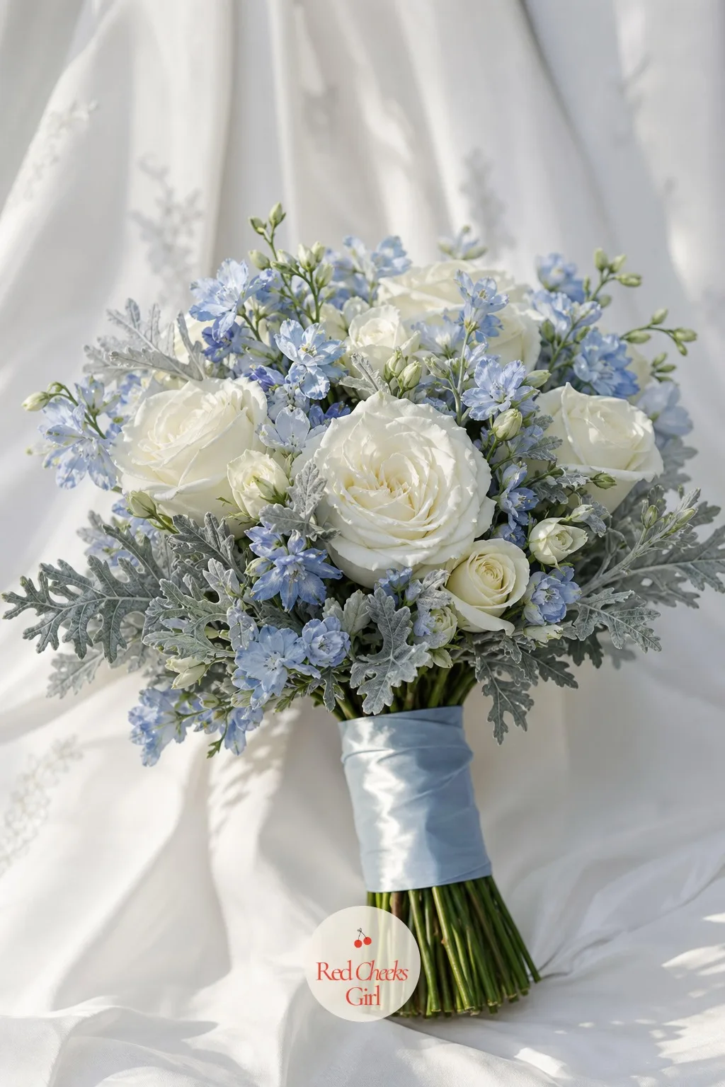 The Bridal Bouquet — A bouquet that is all white can disappear against a white dress in photographs. Ice blue wedding theme